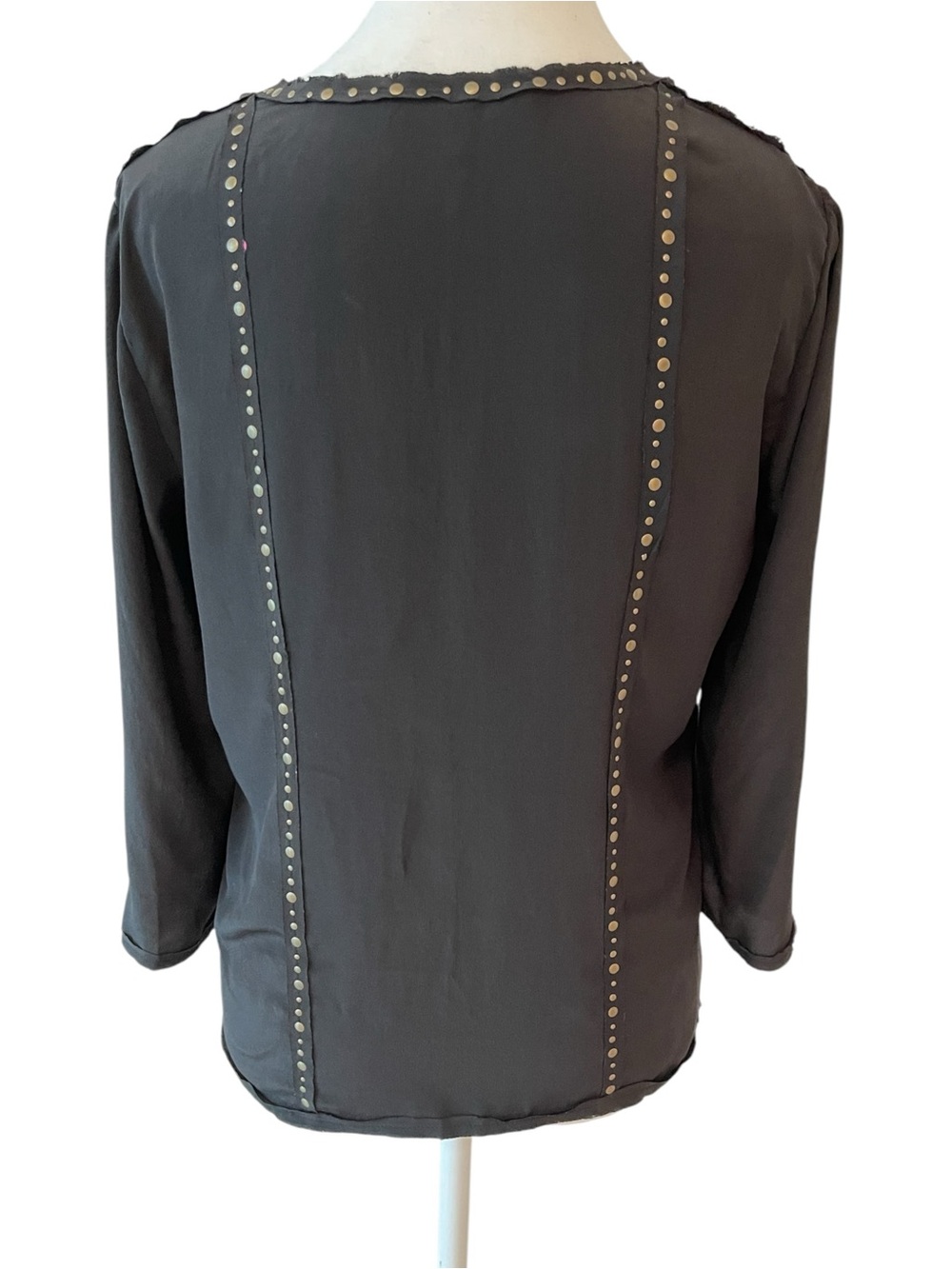 BCBG Maxazria Black Silk Studded V-Neck 3/4 Sleeves Blouse - Picture 2 of 8